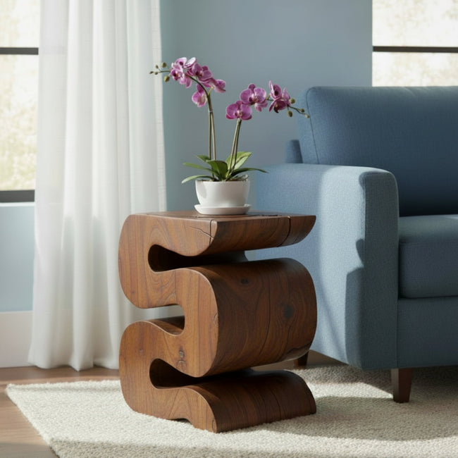 The Luxen Large Solid Wave End Table 12 x 14 x 18 in H Mocha
