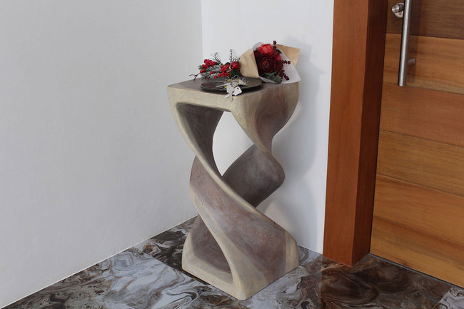 The Solen Double Twisted Solid Wood End Table 14 in SQ x 30 in H Grey