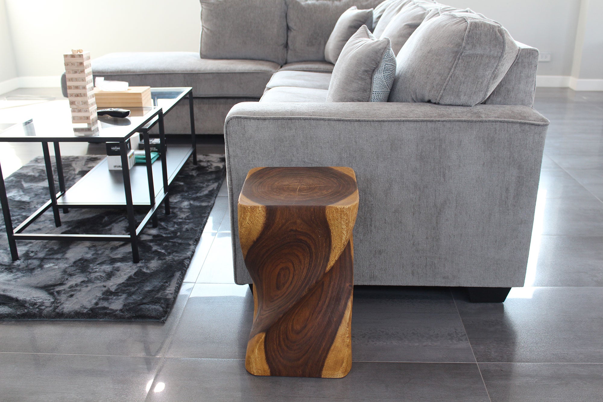 Valeris Solid Square Twisted End Table 12 in SQ x 20 in H Oak