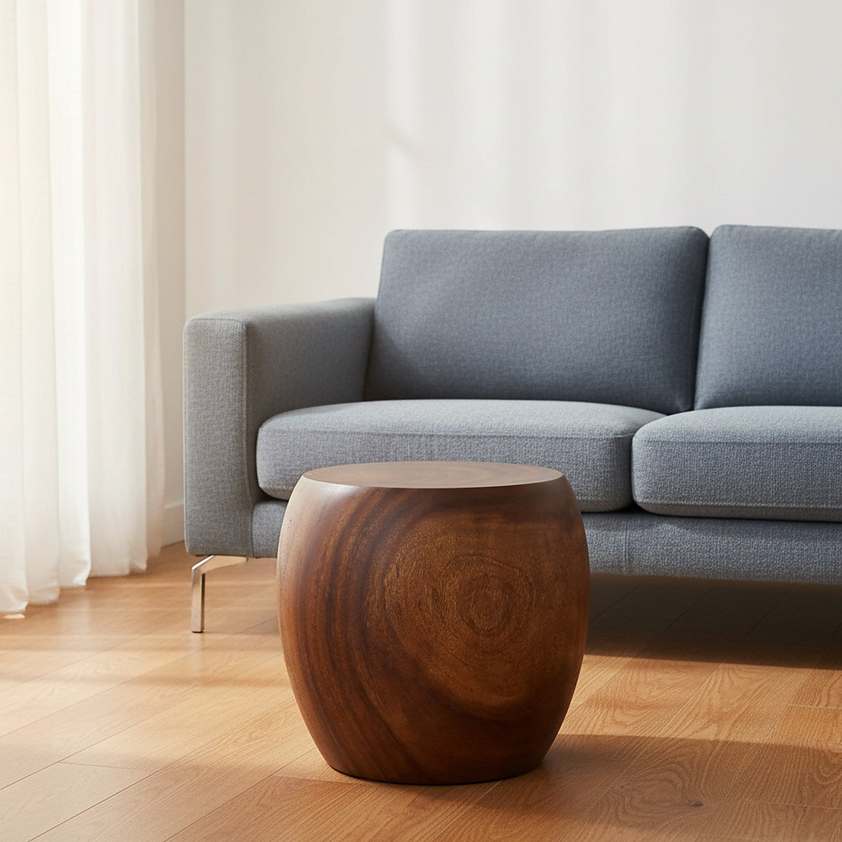 The Renna Round Pouf Solid Wood Accent Table 20 in D x 18 in H Walnut